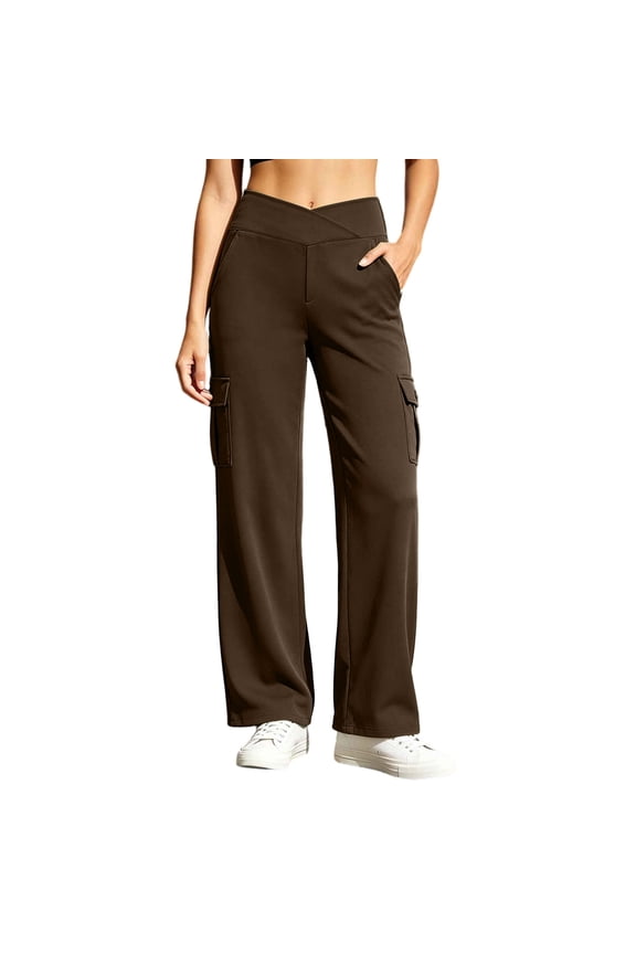 Women's Cargo Pants Plus Size Stretchy Cross Waist Yoga Pants Casual Work Wide Leg Trousers with Pockets Brown M