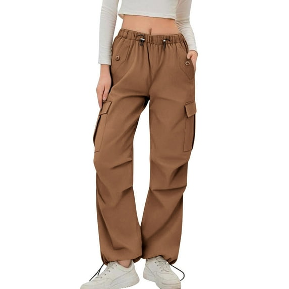 Stamzod Women's Cargo Pants Solid Color Elastic Waist Hiking Pants with Multi-Pocket Casual Sweat Pants for Womens Coffee-8 L
