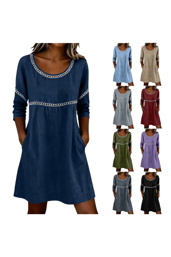 Women's Casual Dress Summer Crew Neck 3/4 Sleeve Short Dresses with Pocket 2026 Boho Beach Clothes Navy S