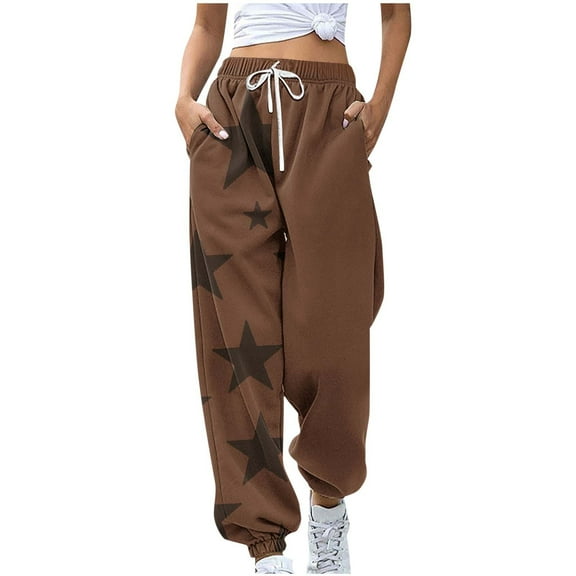 Stamzod Women's Casual Pants Fashion Star Pritning Elastic Waist Drawstring Long Pants Casual Loose Pants for Women with Pocket Coffee B XL