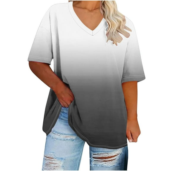 Stamzod Women's Clothing Fashion Gradient Printing Summer V Neck Basic Tee Tops Loungewear Daily Casual Loose Short Sleeve Tshirts Shirts for Women Black C M