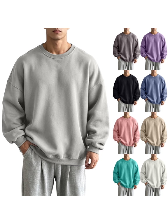 Mens Crewneck Sweatshirt 2026 Solid Long Sleeve Basic Pullover Sweatshirts Big & Tall Available Fall Winter Clothes