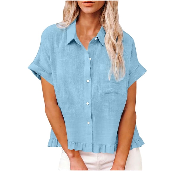 Stamzod Women's Clothing Summer Ruffle Button Up Shirt Women Short Sleeve Casual Shirts for Women Beach Vacation Outfits Light Blue S