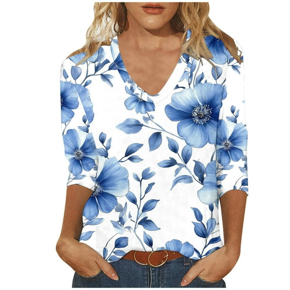 Stamzod Women's Clothing Summer V Neck 3/4 Sleeve Floral Tops Loungewear Casual Loose Plus Size Tops for Women Blue B XXXL