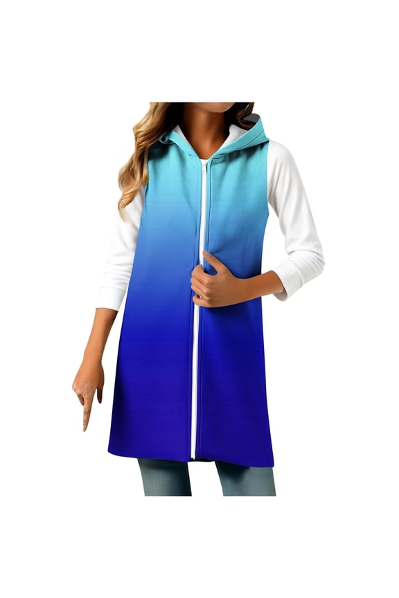 Women's Coats with Hood Fashion Gardient Printed Sleeveless Fleece Jacket Women Mid Length Casual Fall Jackets Outerwear Blue F M