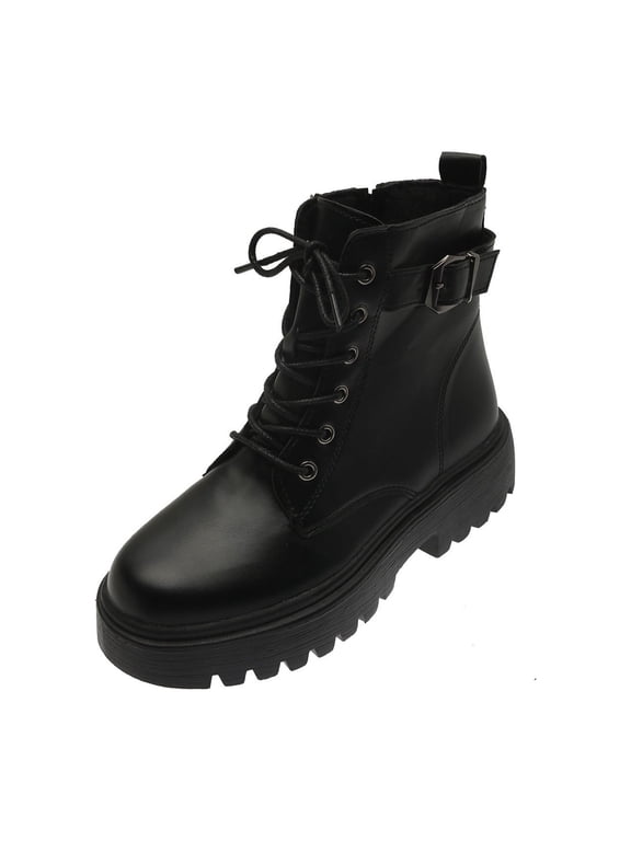 Stamzod Women's Boots Women Shoes Hasp Mid Heel Flat Bottom Zipper Laceing Mid Calf Boots Fashion Plus Velvet Leather Short Boots Black 38