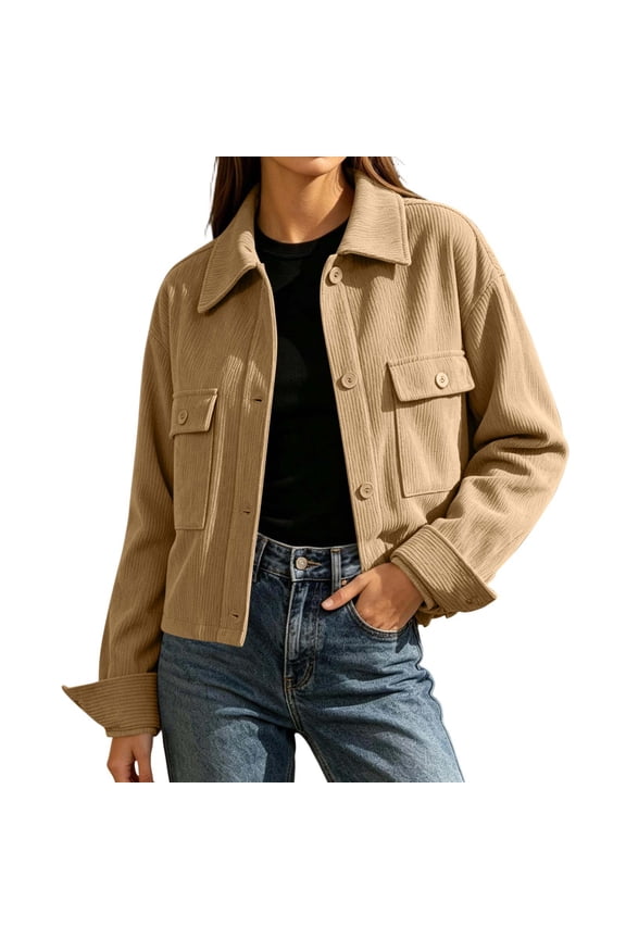 Women's Corduroy Bomber Jacket Casual Long Sleeve Button Up Shacket Jackets with Pocket 2026 Women's Coats Outwear Fall Clothes