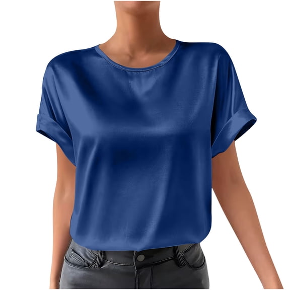 Stamzod Women's Crew Neck Satin Top Solid Color Summer Short Sleeve Shirts Loose Casual Lightweight Silk Shirts for Women Navy L