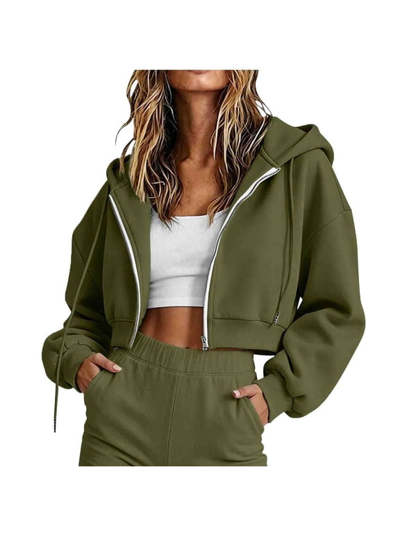 Women's Cropped Hoodie Fall Winter Long Sleeve Zip Up Hoodie Women Athletic Running Crop Jackets with Hood Army Green S