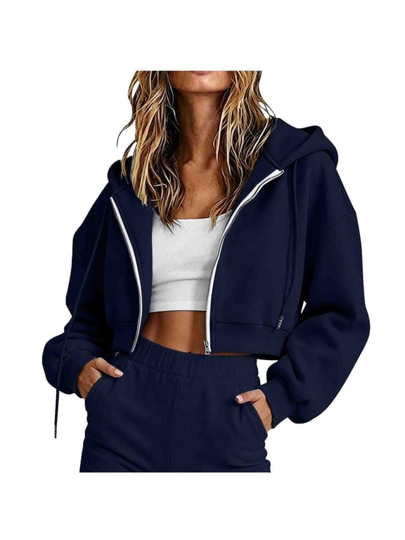 Women's Cropped Hoodie Fall Winter Long Sleeve Zip Up Hoodie Women Athletic Running Crop Jackets with Hood Navy L