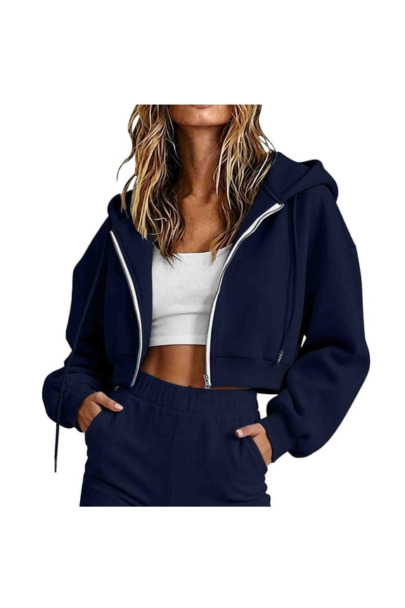 Women's Cropped Hoodie Fall Winter Long Sleeve Zip Up Hoodie Women Athletic Running Crop Jackets with Hood Navy L