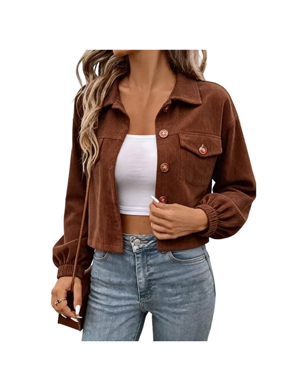 Women's Cropped Jacket Fall Winter Long Sleeve Button-Down Corduroy Short Jackets 2026 Casual Women's Coats