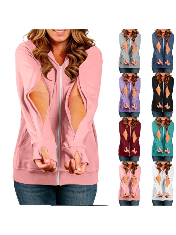 Women's Dialysis Hoodies with Arm Zipper Thumb Holes Long Sleeve Zip Up Hoodie Casual Loose Iv Jacket Sweatshirt Pink L