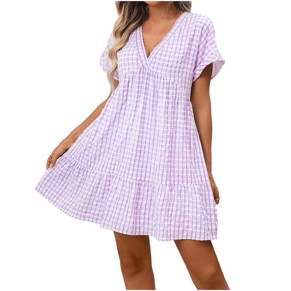 Stamzod Women's Dresses Summer V-Neck Short Sleeve Plaid Mini Dress Casual Ruffle Flowy Dresses for Women Beach Vacation Clothes Purple M