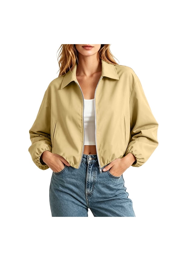 Women's Fall Bomber Jacket 2026 Collared Puffed Hem Zip Up Jacket with Pocket Long Sleeve Crop Jackets for Women Yellow B XS