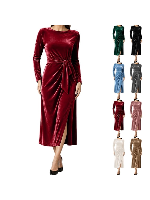 Women's Fall Wedding Guest Dresses Round Neck Long Sleeve Velvet Midi Dress Cocktail Party Split Elegant Dresses