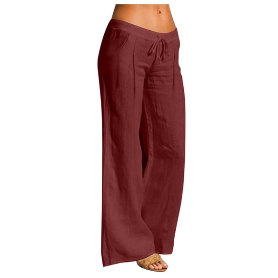 Stamzod Women's Fashion Cotton Linen Pants Solid Color Summer Wide Leg Trousers Women Loose Casual Beach Pants with Pockets Wine XL