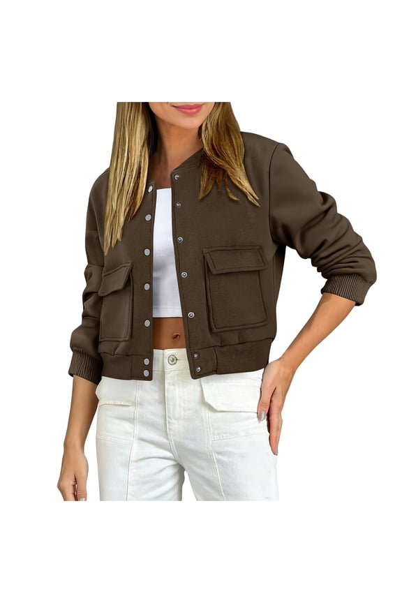 Women's Fashion Cropped Jacket with Pocket Solid Color Long Sleeve Button Fall Jackets for Women 2025 Casual Women's Outerwear Brown XL