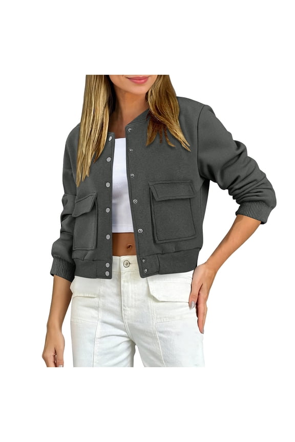 Women's Fashion Cropped Jacket with Pocket Solid Color Long Sleeve Button Fall Jackets for Women 2025 Casual Women's Outerwear Dark Gray S