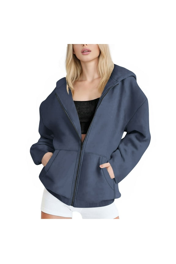 Women's Fashion Hoodies & Sweatshirts Full Zip Up Long Sleeve Hooded Sweatshirts Solid Color Jacket Coat for Women with Pockets Navy L