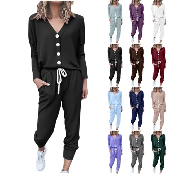 Stamzod Women's Fashion Sweat Set Solid Color V Neck Long Sleeve Shirts and Sweatpants Casual Yoga Outfits for Women Brown C M