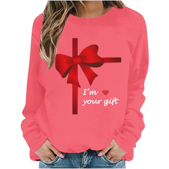 Stamzod Women's Fashion Valentines Tops Fashion Bow Print Casual Crewneck Sweatshirt Long Sleeve Pullover Sweatshirts for Women Pink M