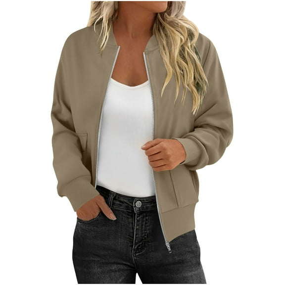 Stamzod Women's Fashion Zip Up Jacket Solid Color Long Sleeve Cropped Jacket Women Casual Fall Coats with Pocket Beige F S