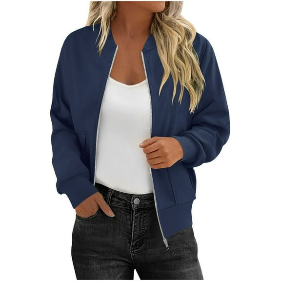 Stamzod Women's Fashion Zip Up Jacket Solid Color Long Sleeve Cropped Jacket Women Casual Fall Coats with Pocket Navy F S