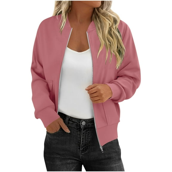 Stamzod Women's Fashion Zip Up Jacket Solid Color Long Sleeve Cropped Jacket Women Casual Fall Coats with Pocket Pink F XL