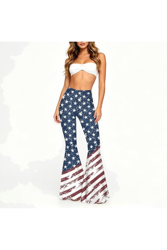 Women's Flared Leggings for 4Th Of July Star and Striped Wide Leg Pants Woman 250 Anniversary Usa Merchandise Red E M