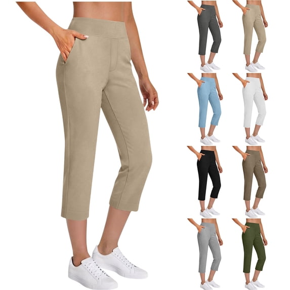 Stamzod Women's Golf Capri Pants Casual Yoga Dress Work Pants with Pockets Workout Athletic Travel Capris Beige-1 L