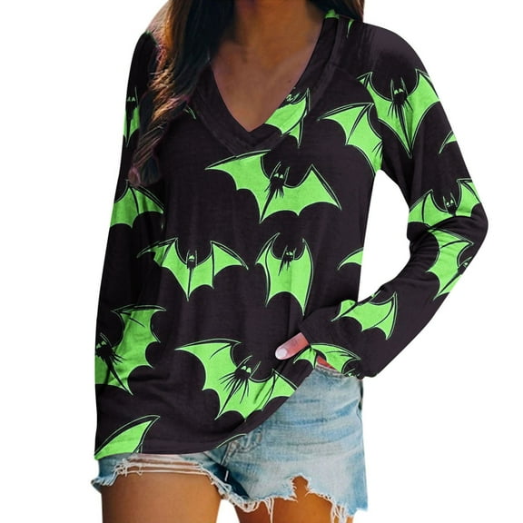 Stamzod Women's Halloween Blouses V-Neck Long Sleeve Basic Tee Tops Fall Casual Bat Graphic Pullover Tunic Tops for Women Green M