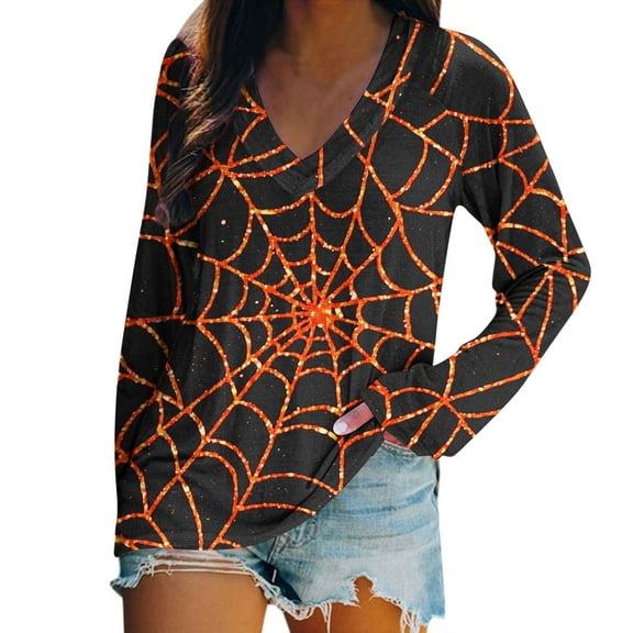 Stamzod Women's Halloween Clothing V-Neck Long Sleeve Graphic Blouses Casual Fall Spring Tops for Women Trendy 2025 Orange XXL
