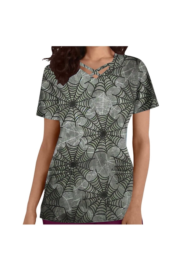 Women's Halloween Scrub Top Funny Print Shirts Graphic Tees Casual Short Sleeve Tunic Tops Slim Fit Comfy Blouse with Nursing Pockets