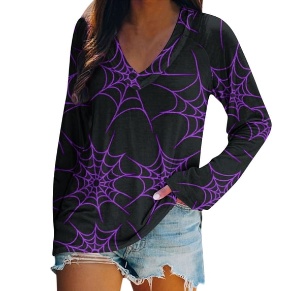 Stamzod Women's Halloween Tops Vintage V-Neck Long Sleeve Blouses Fall Casual Pullover T Shirts for Women Purple XXL