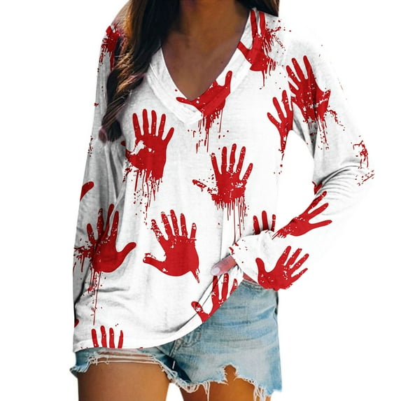 Stamzod Women's Halloween Tunics Tops Trendy V-Neck Long Sleeve Graphic Tee Shirts Womens Fall Clothes Casual Pullover Tshirts Shirts for Women Red D S
