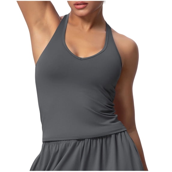 Stamzod Women's Halter Tank Top Racerback V Neck Sports Gym Yoga Shirts Casual Workout Tops Dark Gray L