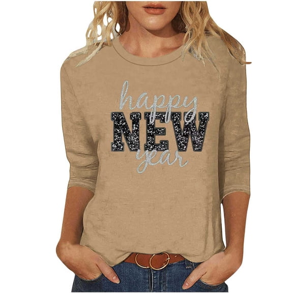 Stamzod Women's Happy New Year Shirts Loose Casual New Year Eve Holiday T-Shirt Round Neck 3/4 Length Sleeve Womens Tops Khaki XXL