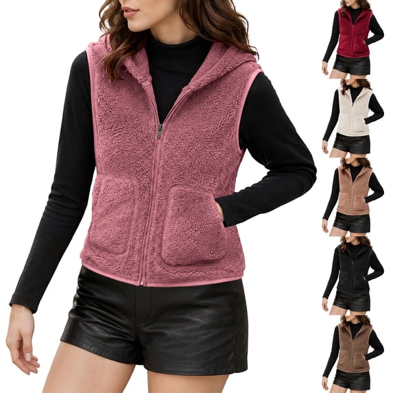Stamzod Women's Hooded Fleece Vest Winter Outdoor Fuzzy Sherpa Waistcoat with Pocket Cropped Vests for Women