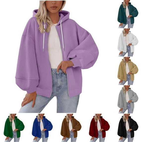 Stamzod Women's Jackets Solid Color Long Sleeve Zip Up Jacket with Pocket Casual Loose Hoodies for Women Wine XXL