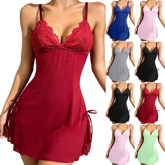 Stamzod Women's Lace Nightgown with Briefs 2 Piece Set V Neck Night Dress Sleepwear Side Drawstring, Adjustable Spaghetti Straps, Bow Detail M