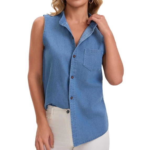 Stamzod Women's Lapel Denim Tank Tops Summer Button Down Sleeveless Shirts Dressy Casual Blouse Top Blue XXL