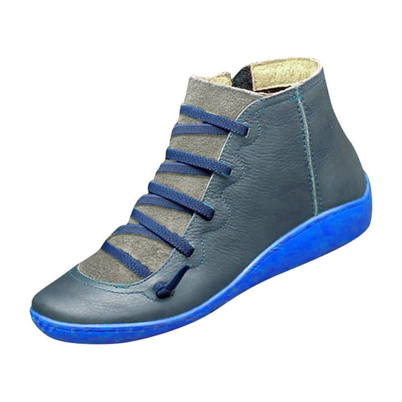 Stamzod Women's Low-heeled Ankle Boots Clearance Women Casual Flat Leather Retro Lace-Up Boots Side Zipper Plus Shoe Boots Blue 36