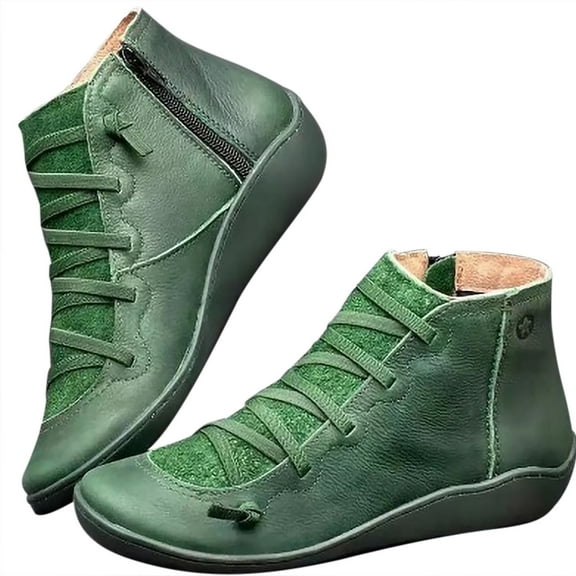 Stamzod Women's Low-heeled Ankle Boots Clearance Women Casual Flat Leather Retro Lace-Up Boots Side Zipper Plus Shoe Boots Green 39