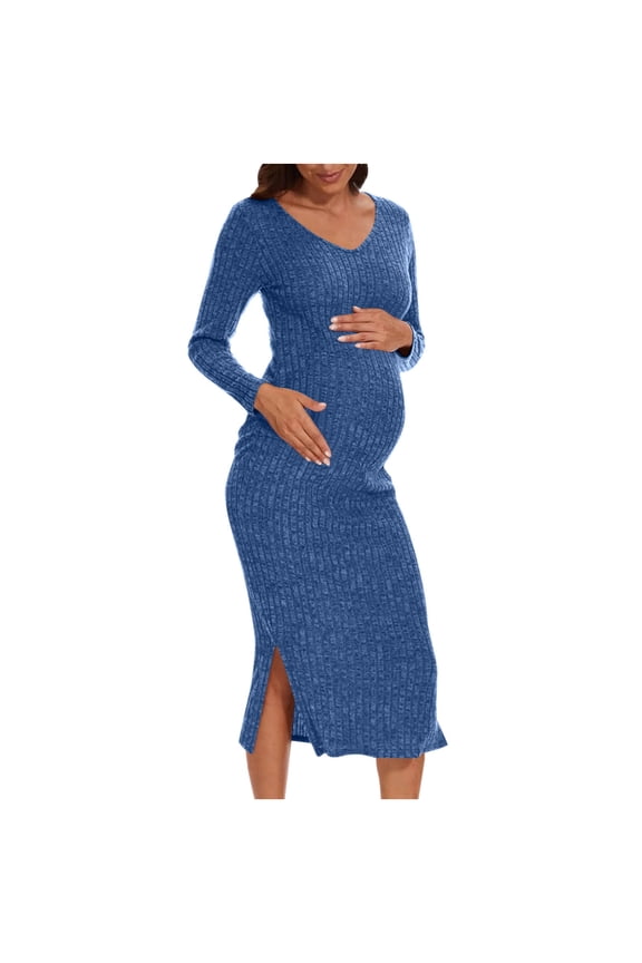 Women's Maternity Dress V-Neck Long Sleeve Knitted Midi Dress Fall Winter Fashion Split Pregnancy Dresses for Women Blue S