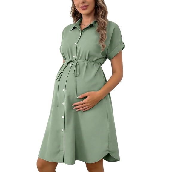 Stamzod Women's Maternity Shirt Dress Solid Color Turndown Button Up Pregnant Dresses with Belt Short Sleeve Midi Shirt Dresses for Women Green M