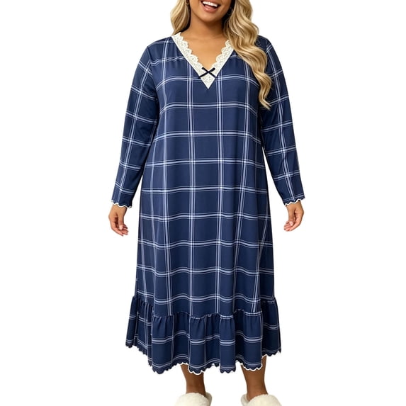 Stamzod Women's Nightgowns & Sleepshirts Long Sleeve Plus Size House Dress V Neck Lace Trim Bow Ruffle Night Dress XXXXL