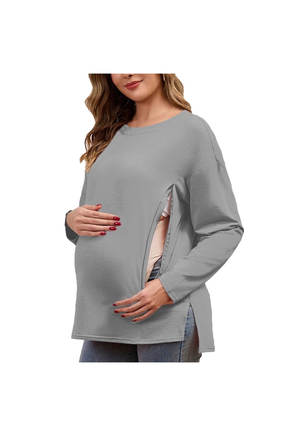 Women's Nursing Shirts for Breastfeeding with Hidden Zippers Casual Loose Fit Maternity Tops Long Sleeve Pregnancy Clothes Gray XXL