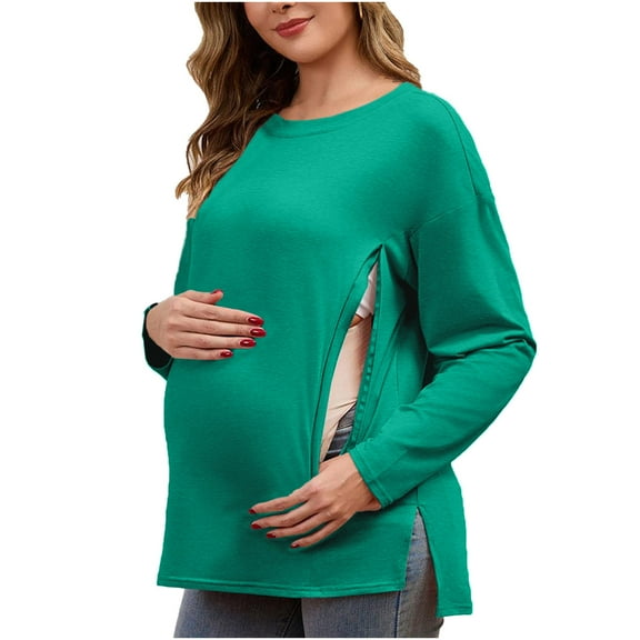 Stamzod Women's Nursing Shirts for Breastfeeding with Hidden Zippers Casual Loose Fit Maternity Tops Long Sleeve Pregnancy Clothes Mint Green XXL