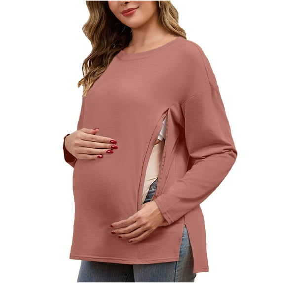 Stamzod Women's Nursing Shirts for Breastfeeding with Hidden Zippers Casual Loose Fit Maternity Tops Long Sleeve Pregnancy Clothes Rose Gold L